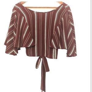 Charlotte Russe burgundy striped crop top blouse back zipper ruffled sleeve L